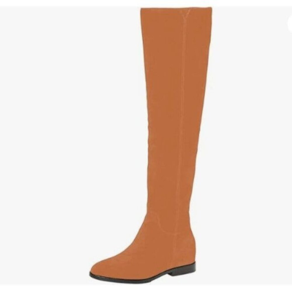 Pazzion Women Almond Toe Knee High Boots with Partial Zipper Stretchy Orange